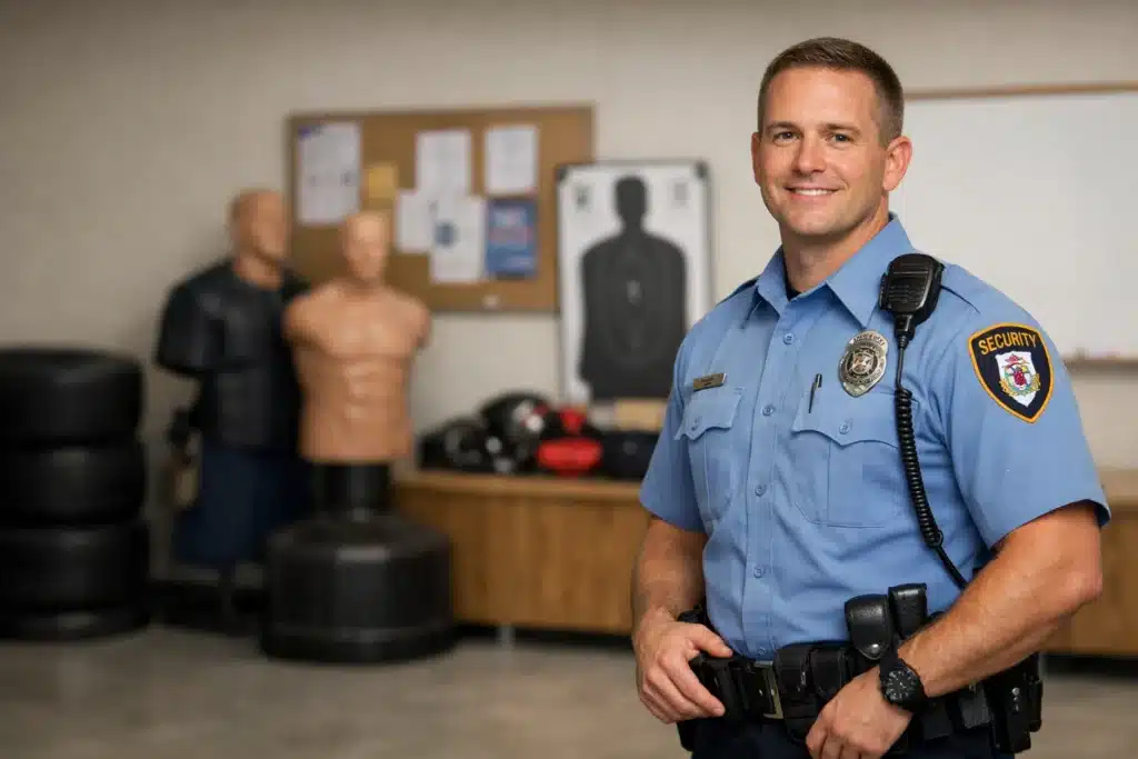 Bulk Security Training for Illinois Agencies 1 Security officer standing in a security training facility with training equipment in the background.